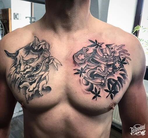 Tetování masky Hannya a samuraj na hrudník