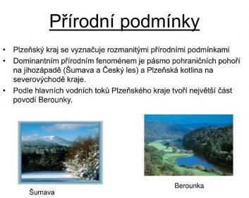Dominantním přírodním fenoménem je pásmo pohraničních pohoří na jihozápadě (Šumava a Český les) a Plzeňská kotlina na severovýchodě kraje. Podle hlavních vodních toků Plzeňského kraje tvoří největší část povodí Berounky. Berounka. Šumava.