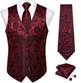 Dibangu Red Vest for Men Paisley Waistcoat Tie and Handkerchief Wedding Vest Set Formal Suit Vest for Men