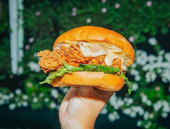 A close-up of a hand holding a delicious fried chicken burger. The burger features crispy golden fried chicken, fresh lettuce, melted cheese, and a toasted brioche bun. The vibrant green and floral background adds a fresh and appetising touch to the image.
