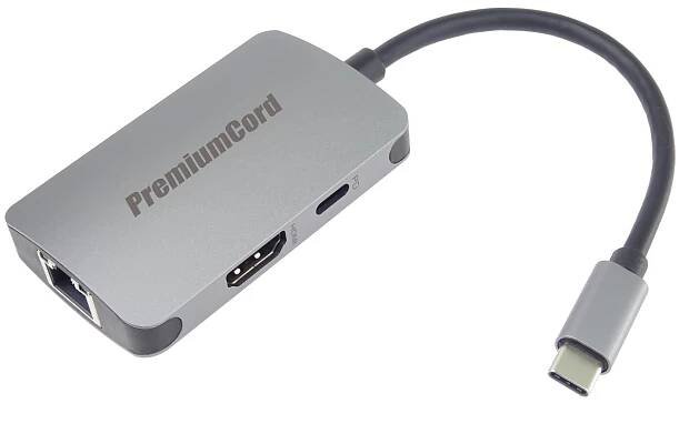 PREMIUMCORD Adaptér USB-C na HDMI + RJ45 + PD adaptér, hliníkové pouzdro