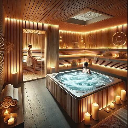 Luxusní wellness prostředí se saunou a vířivkou, ideální pro relaxaci a regeneraci těla i mysli.