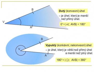 B. Vypuklý (konkávní, nekonvexní) úhel. V. – je úhel, který je větší než přímý úhel a menší než plný úhel. A. 180°< | AVB| < 360°