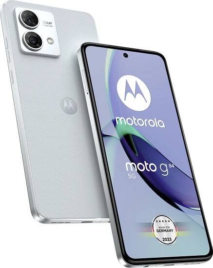 Motorola G84 5G Smartphone, 256 GB, Marshmallow Blue, 16.6 cm (6.55 Zoll) Display, Android 13, 5G, Wi-Fi 5, Bluetooth 5.1, NFC, Dual-SIM, Dolby Atmos, Motorola Raumklang, IP54 wasserabweisend, 50 MP Ultra-Pixel Kamera mit OIS, Qualcomm Snapdragon 695 5G Prozessor