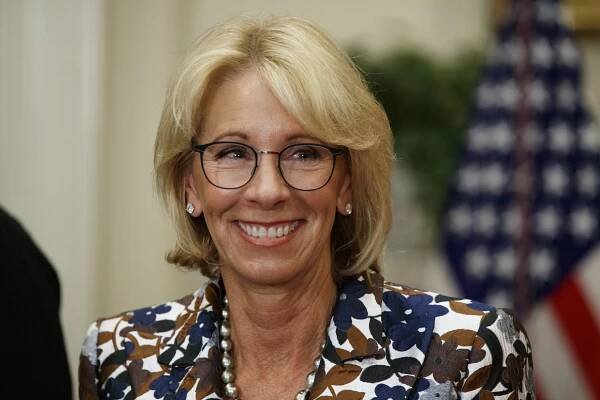 Education Secretary Betsy DeVos speaks during a school choice event in the Roosevelt Room of the White House in Washington.
