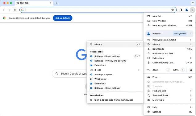 Google Chrome, with the Menu open to History. Part of instructions on how to clear browsing history on Mac Chrome.