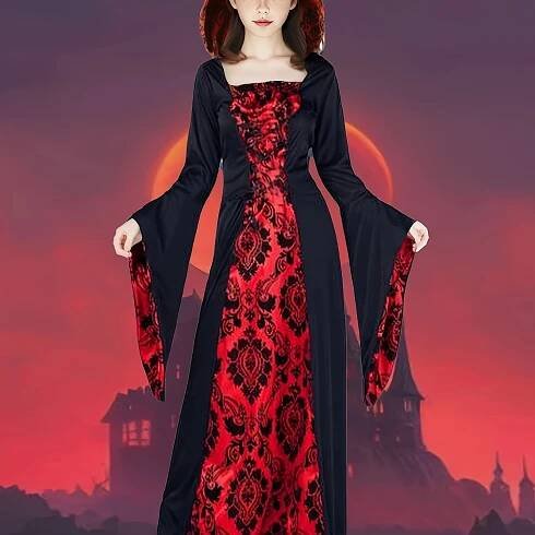 1pc Gothic Vampire-Inspired Hooded Dress for Girls - Red & Black Floral Print, * Sleeves, Umbrella Skirt, * *, * Hal