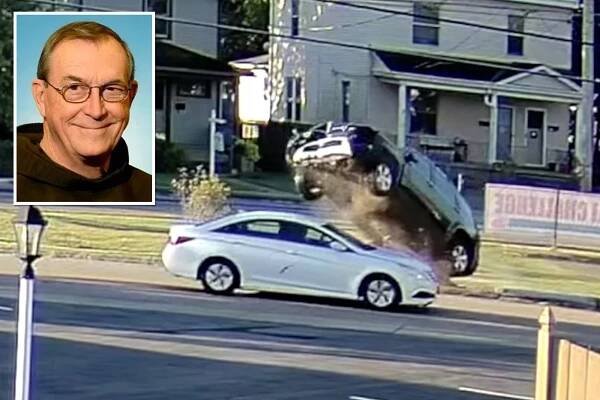 Thanks to some divine intervention, a priest narrowly avoided being struck by an airborne SUV driven by a man who suffered a seizure on his way to celebrate a feast of Guardian Angels.