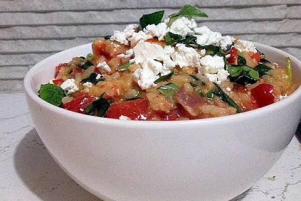 Roasted Red Capsicum Risotto with Feta and Pancetta