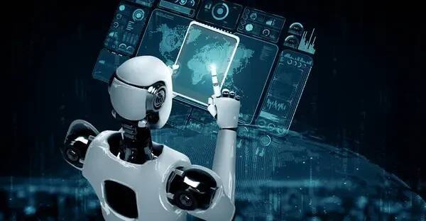 MLP 3d ilustrace Robot hominoid pomocí tabletu počítače pro globální síťové připojení pomocí mozku, umělé inteligence a procesu strojového učení pro 4. průmyslovou revoluci. 3D — Stock obrázek