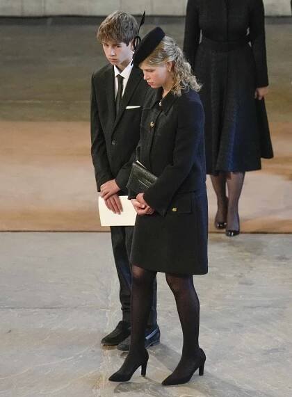 James, Viscount Severn and Lady Louise Windsor pay their respects in The Palace of Westminster after the procession for the Lying-in State of Queen Elizabeth II